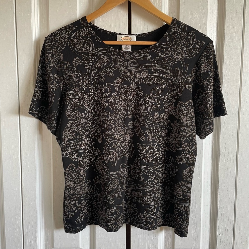 Talbots Paisley Print Short Sleeve Top Women’s Black Tan Stretch Casual Gorpcore - Picture 2 of 10